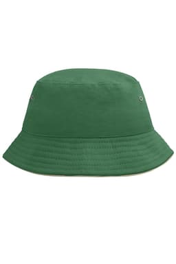 A green bucket hat with a wide brim, featuring ventilation eyelets and a simple design.