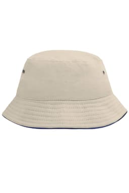 A beige fisherman piping hat with a wide brim and eyelet vents, featuring a blue accent on the edge.