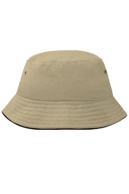A beige kids' fisherman piping hat with a wide brim and eyelet vents. Features a logo on the side.