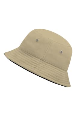 A Kids Fisherman Piping Hat in beige with a black trim and ventilation eyelets. Features a logo on the side.