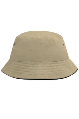 A beige bucket hat with a wide brim and ventilation holes. Features a subtle logo on the side.