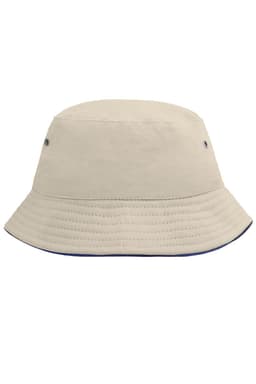 A beige bucket hat with a wide brim and small ventilation holes, featuring a contrasting navy edge.