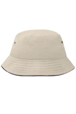 A cream bucket hat with a wide brim, featuring two ventilation eyelets and a subtle logo.