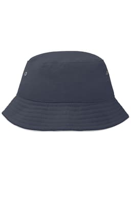A navy blue bucket hat with a wide brim and eyelets on the sides, featuring a logo.