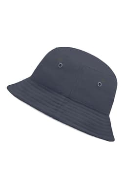 A dark navy bucket hat with a ribbed texture and ventilation eyelets, featuring a logo on the side.