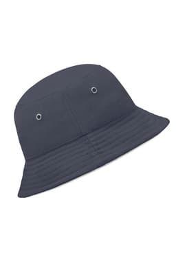 A navy blue fisherman piping hat with a bucket style and eyelets for ventilation. Features a logo.