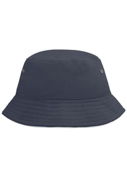 A navy blue bucket hat featuring a wide brim and ventilation eyelets, with branding visible.