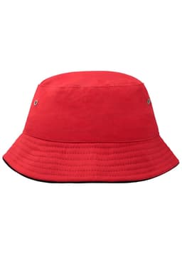 A red fisherman piping hat with a wide brim and eyelets, featuring a simple design and a solid colour.