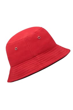 A red bucket hat with a textured design and metal eyelets for ventilation. It features a black underside.