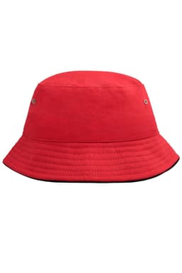 A red bucket hat with a wide brim and a black underside, featuring ventilation eyelets and a logo.