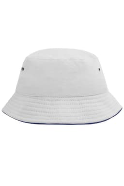A white bucket hat with a navy underbrim and ventilation eyelets, featuring a branding logo.