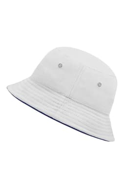 A white bucket hat with a navy blue brim and silver eyelets for ventilation. It features a logo on the side.