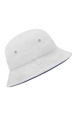 A white bucket hat with a ribbed texture and a blue underside, featuring two ventilation eyelets.