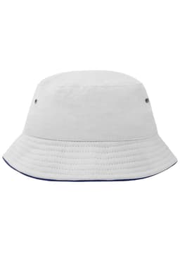 A white bucket hat with a navy underside and metal eyelets, featuring a logo on the side.