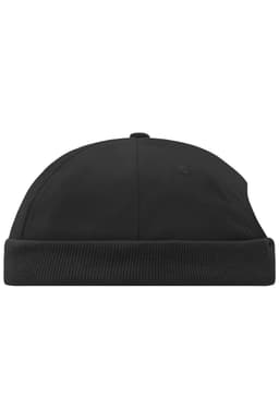 A black 6 Panel Chef Cap with a rounded top and a ribbed cuff, featuring a logo.
