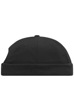 A black 6 panel chef cap featuring a rounded top and a ribbed band at the base. It has a logo.