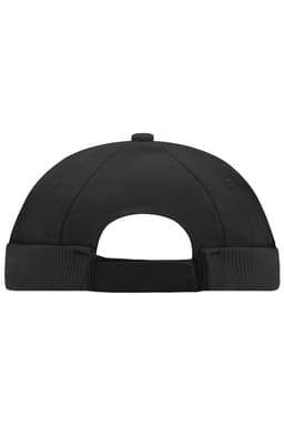 A black 6 panel chef cap with an adjustable strap at the back and ventilation holes. It features a logo.