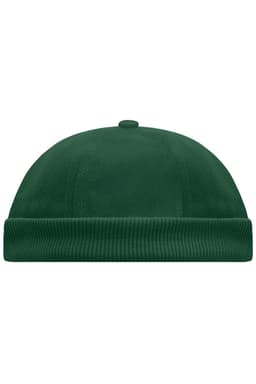 A green 6-panel chef cap with a ribbed band and a button on top, featuring a logo.