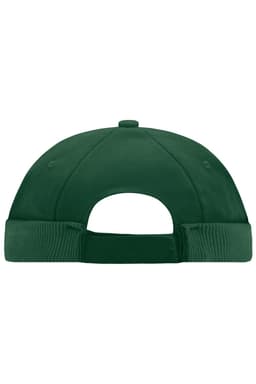 A green 6 panel chef cap with a rounded back and a structured brim, featuring a logo on the side.