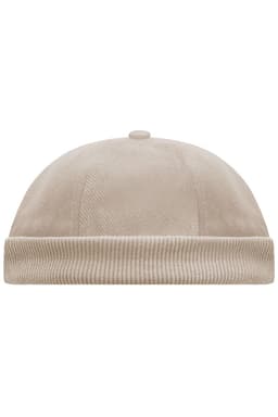 A beige 6-panel chef cap featuring a round top and a ribbed band, with a logo on the side.