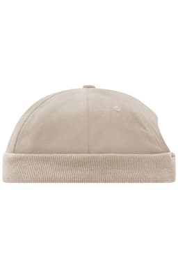 A beige 6-panel chef cap featuring a rounded top and ribbed band, designed for culinary uniforms.