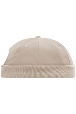A beige 6-panel chef cap with a ribbed band and a rounded top, featuring a logo.