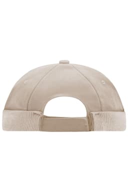 A beige 6 Panel Chef Cap with an adjustable strap at the back and a logo.
