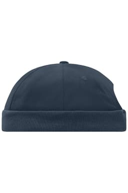 A navy blue 6 panel chef cap with a ribbed band and a logo on the side.