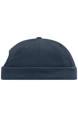A navy 6 panel chef cap with a ribbed band and a logo on the side.