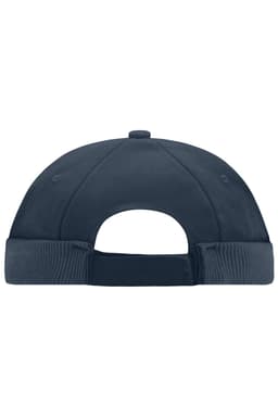 A navy blue six-panel chef cap featuring a ribbed band and an adjustable back closure.