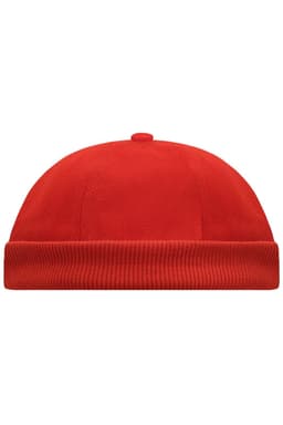 A red 6 panel chef cap with a rounded top and a ribbed band at the base. It features a logo.