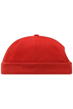A red 6 panel chef cap with a ribbed brim and a central button on top. It features a logo.