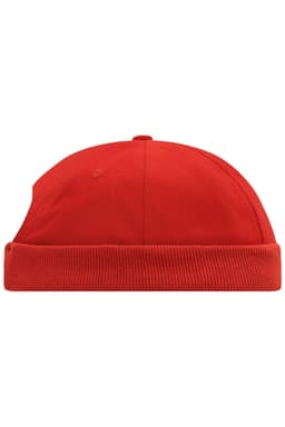 A red 6 panel chef cap with a rounded top and a ribbed band at the bottom. Features a logo on the side.