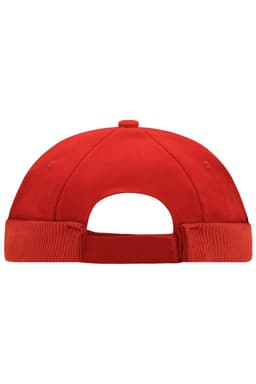 A red 6 panel chef cap featuring a structured design and adjustable back strap. Includes a branding logo.