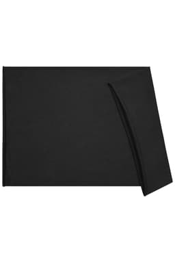 A black cotton headband with a folded edge, featuring a simple design. Includes a logo.