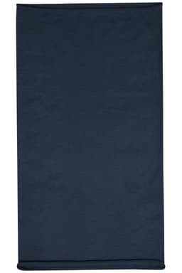 A navy blue headband made from cotton, featuring a logo on the fabric.