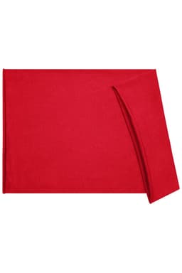 A red headband made of cotton, featuring a folded edge and a logo.