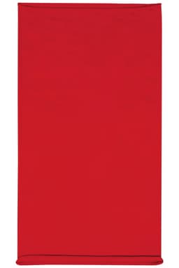 A solid red headband made of cotton, featuring a logo on one side.