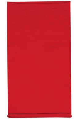 A red headband made of cotton, featuring a logo, ideal for various headwear styles.