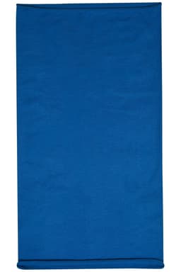 A blue headband made of cotton fabric, featuring a simple design and a logo.