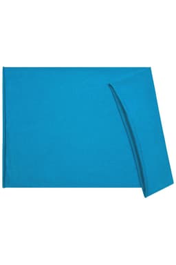 A turquoise headband featuring a soft cotton fabric, with a folded section for styling. It has a logo present.