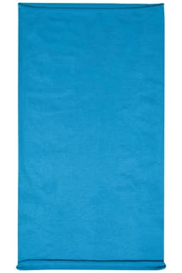 A bright blue headband with a smooth texture and a simple design, featuring a logo.