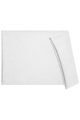 A white headband made of cotton, featuring a folded edge and a simple design. It includes a logo.