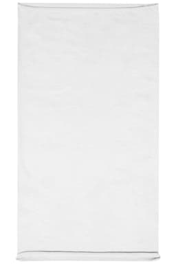 A plain white headband made of cotton, featuring a branding logo at one end.