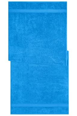 A blue sauna sheet folded, featuring a textured surface and two horizontal stripes. It includes a logo.