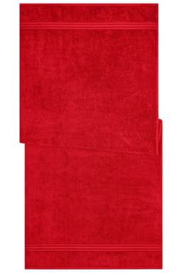 A red sauna sheet with a soft, textured surface and decorative stripes along the edges. It features a branded logo.
