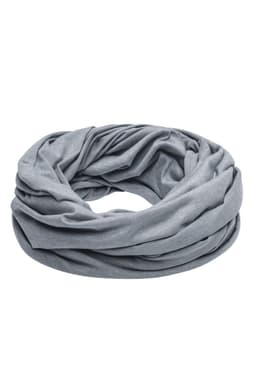 A heather grey loop-scarf with a soft, draped design. It features a logo and is made from lightweight fabric.