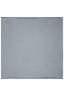 A grey loop scarf displayed flat, made from a soft, lightweight fabric. It features a simple, unadorned design and a logo.