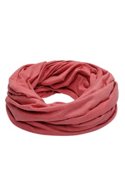 A loop scarf in a soft coral colour, featuring a gathered, textured design. The scarf has a logo printed on it.