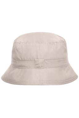 A beige bucket hat with a soft crown and wide brim, featuring a logo on the side.
